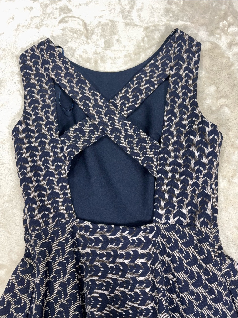 Zara Open Back Cross Strap Fit & Flare Dress NWT Navy Beige M - Picture 6 of 13